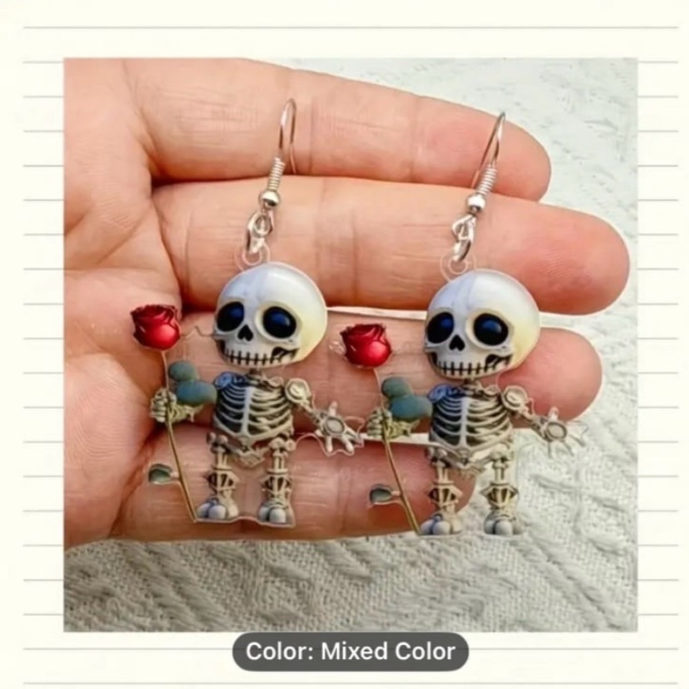 New! 2D Flat Cute Acrylic Skull & Rose Earrings - Lightweight Durable Earrings